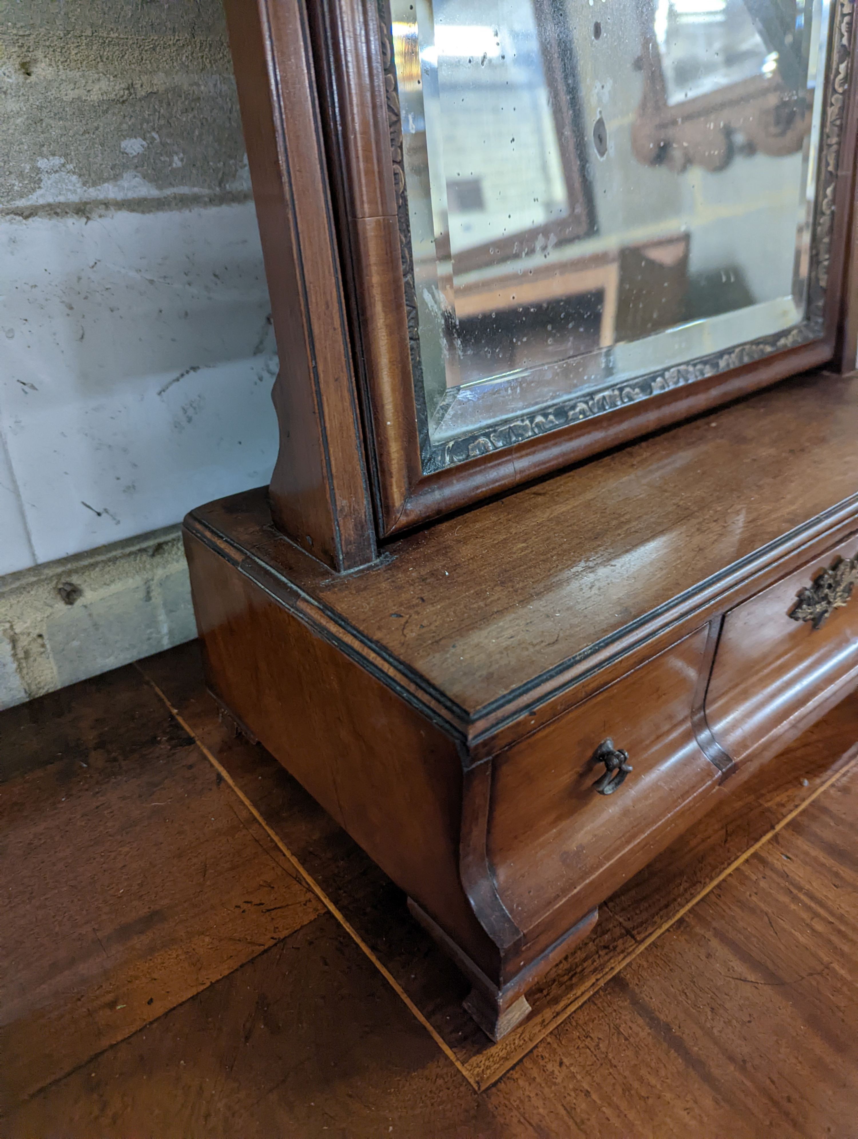 An 18th century mahogany box base toilet mirror, width 43cm, depth 20cm, height 63cm